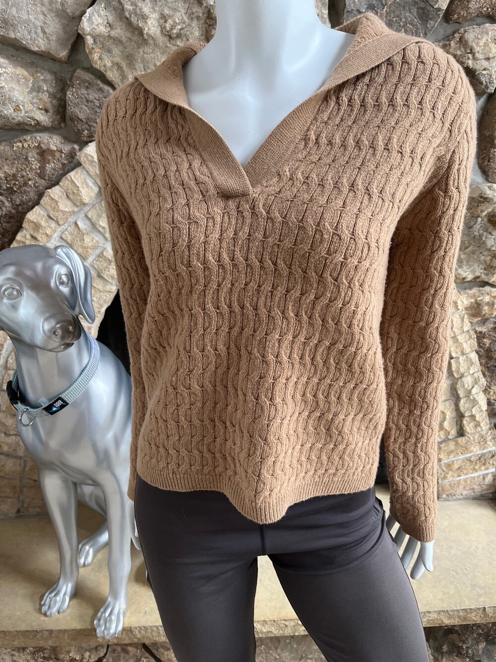 Theory V-Neck Dimensional Polo Wool Cashmere Brown Sweater Women's Size Small